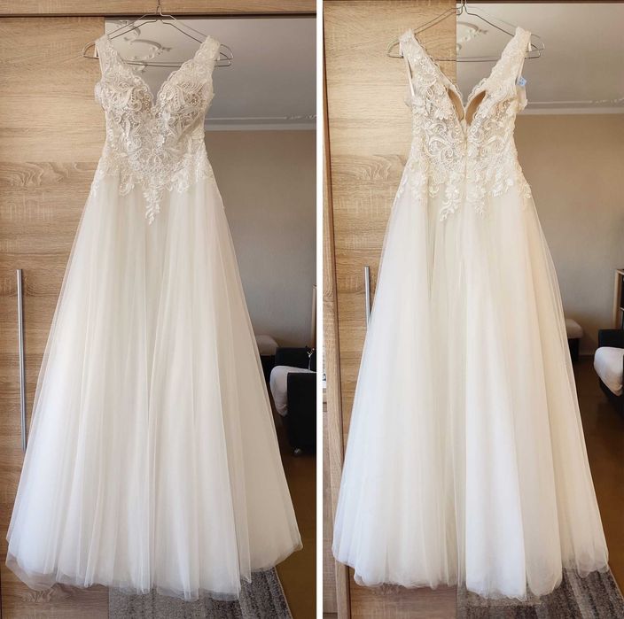 SUKNIA ŚLUBNA + halka,welon
r.XS/34, wzrost 160cm + 7cm obcas Szczecin