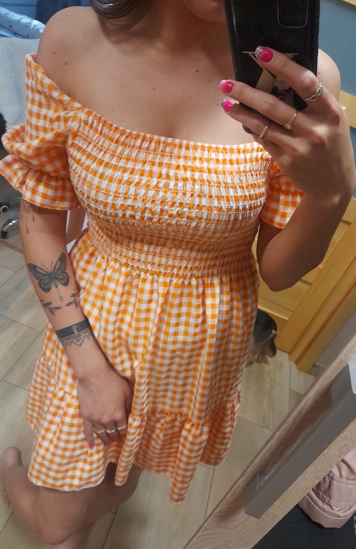 Nowa sukienka hiszpanka w kratkę pomarańcz gumka S/M