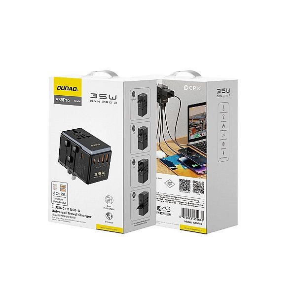 Adapter podróżny Dudao A35Pro 35W EU / UK / AUS / US / JP 3x USB-C 2x