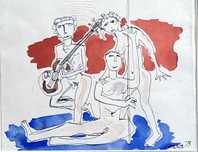 Otto Axer (ur. 1906) 1973 Muzykanci, rysunek tuszem z domu aukcyjnego