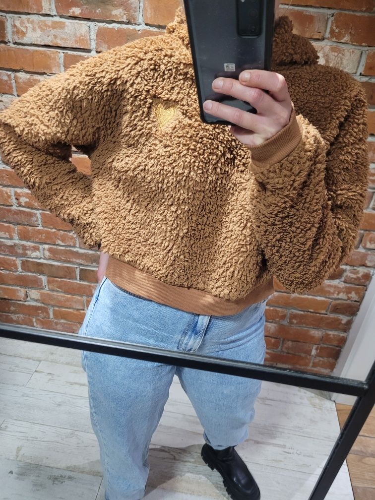 Bluza polarowa z kapturem oversize crop top sherpa Threadbare