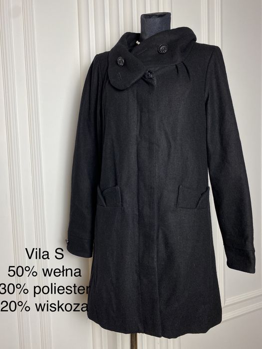 Płaszcz damski długi czarny 36 S Vila wełna wiskoza klasyczny