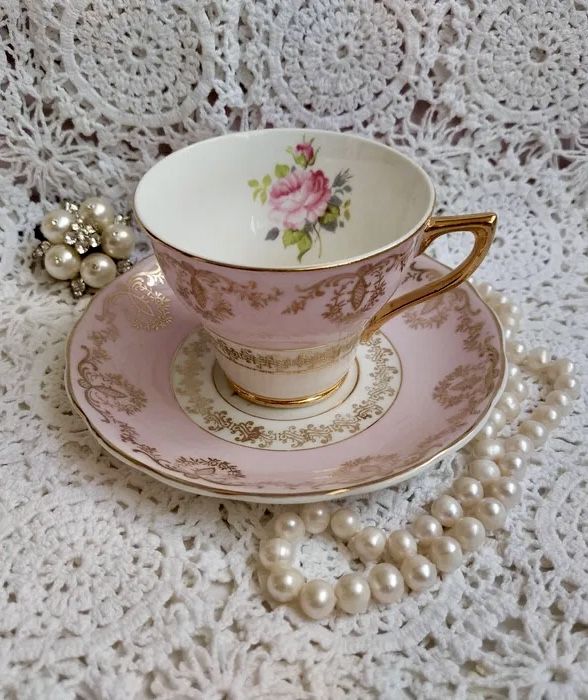 *Piękna Stara Różowa St Leonard Angielska Porcelana Filiżanka Złota