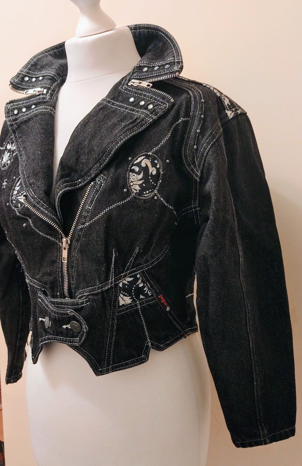 Ramoneska jeans,jeans jacket,katana,bluza czarna vintage rekaw 3/4 r.S