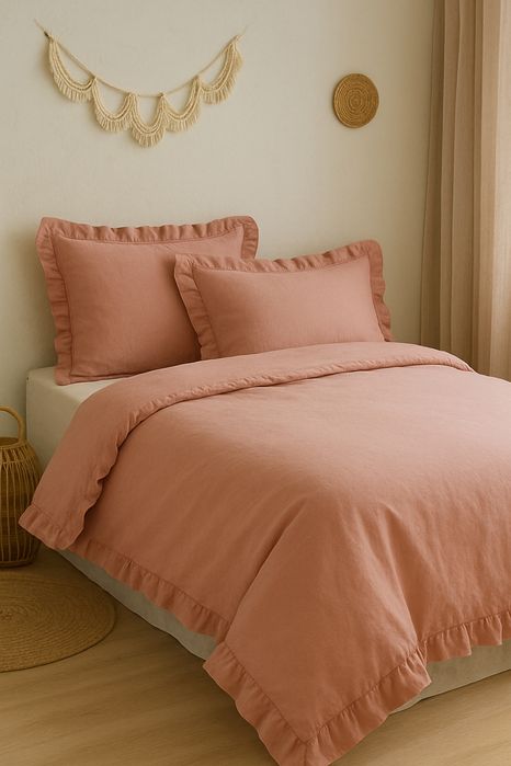 Pudrowy róż komplet pościeli poszewki z falbanką 220x200 poduszki x2