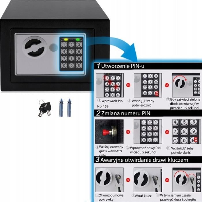 SEJF KASETKA NA szyfr elektroniczny i klucz CZARNY Gwarancja Nowy