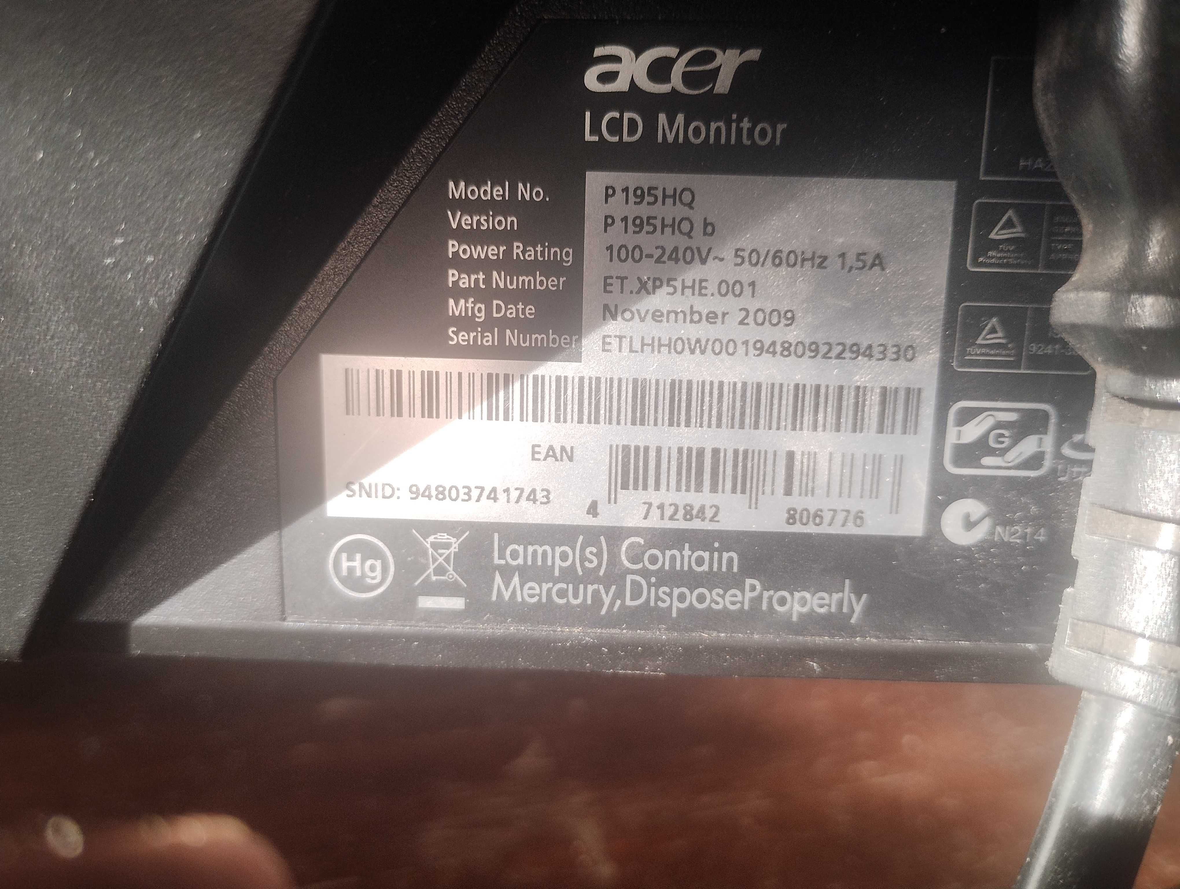 ACER P195HQ monitor 19 cali