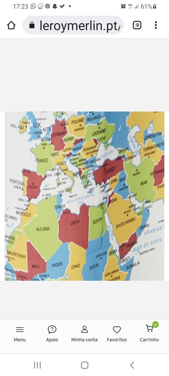 Cortina de duche mapa mundo com argolas
