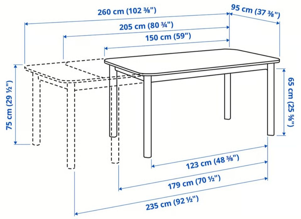 Mesa extensível (150/205/260 cm) + 6 cadeiras