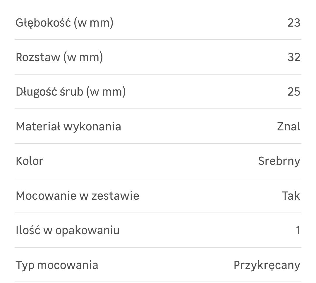 Uchwyt uchwyty meblowy metalowy+śruby 19 szt rozstaw 32mm