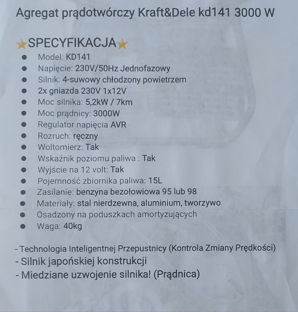Agregat prądotwórczy Kraft & Dele 3000W JAK NOWY