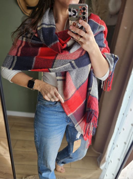 Nowy Duży Miękki Szal Pled w Czerwoną Kratę Granat Szary Cotton Trader