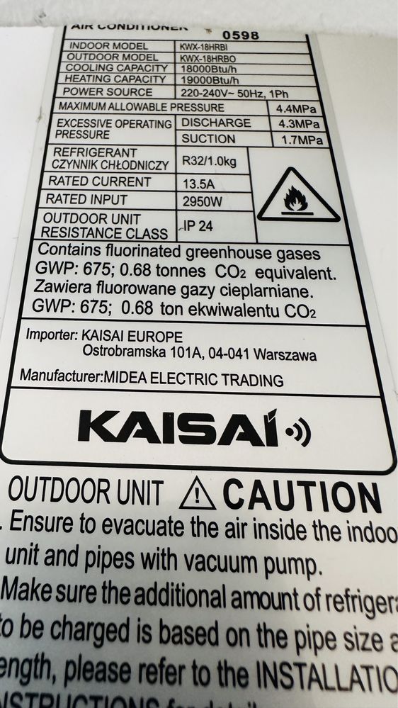Klimatyzacja klimatyzator split kaisai fly wifi 5,4kw idealna grzanie