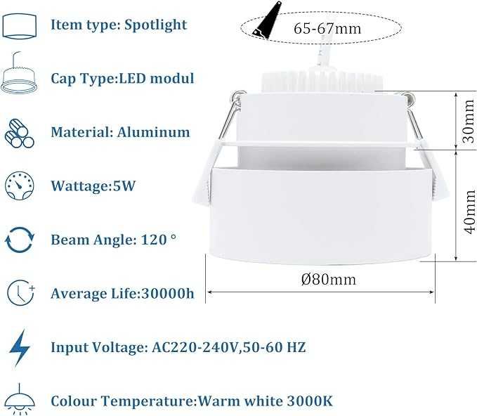 KYOTECH Reflektr Sufitowy LED 5W 80MM z wymiennym modułem LED