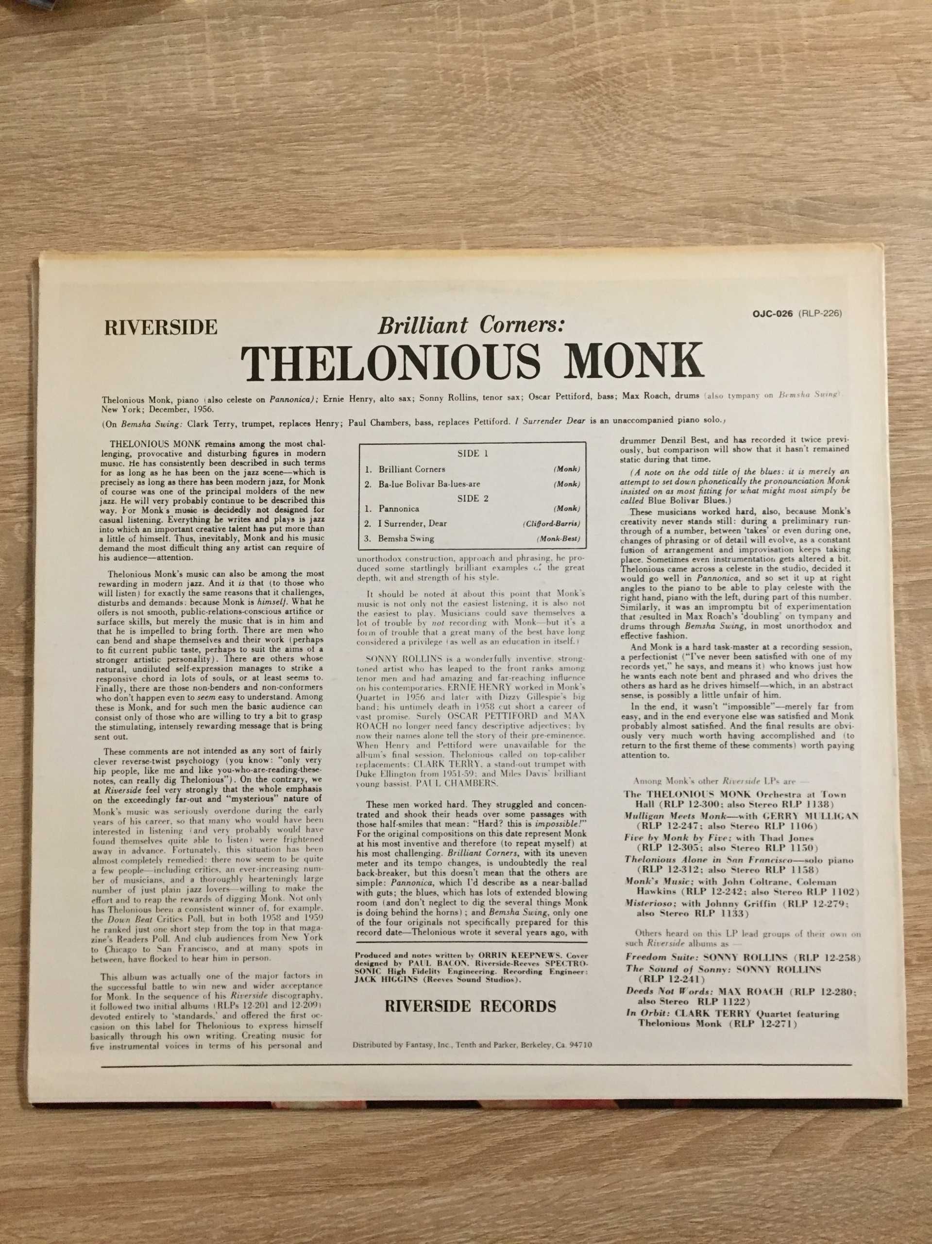 Thelonious Monk Brilliant Corners Rollins Henry USA 1982 EX LP