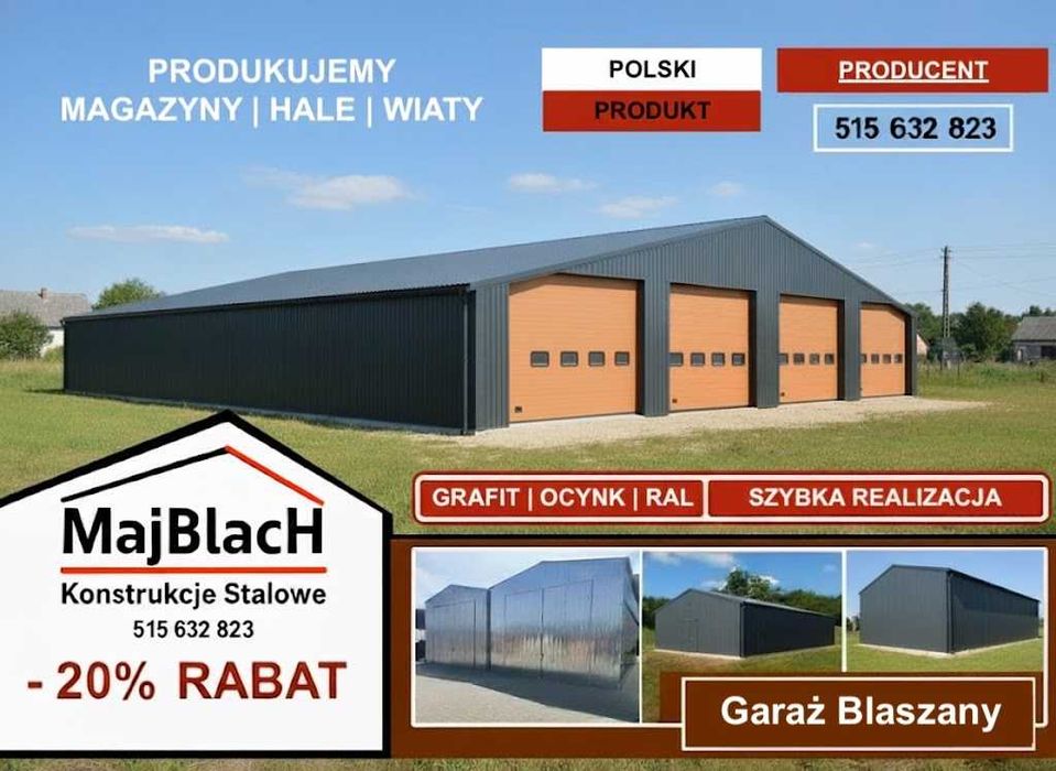 Ocynkowany Garaż Blaszany Dwuspadowy|Złoty Dąb|Wiata |Hala - Maj-Blach
