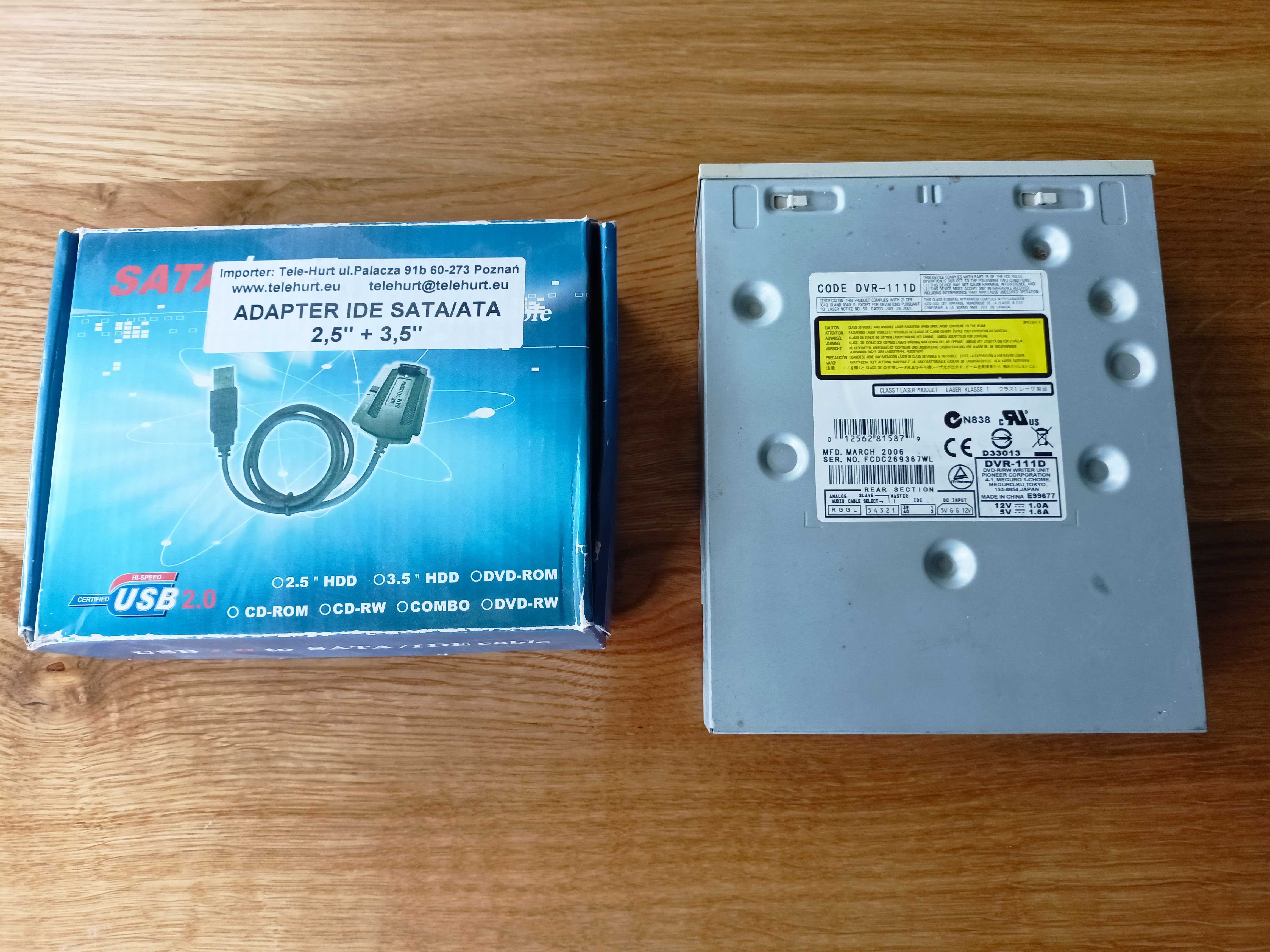 pioneer DVR-111D nagrywarka + zasilacz + adapter IDE SATA/ATA