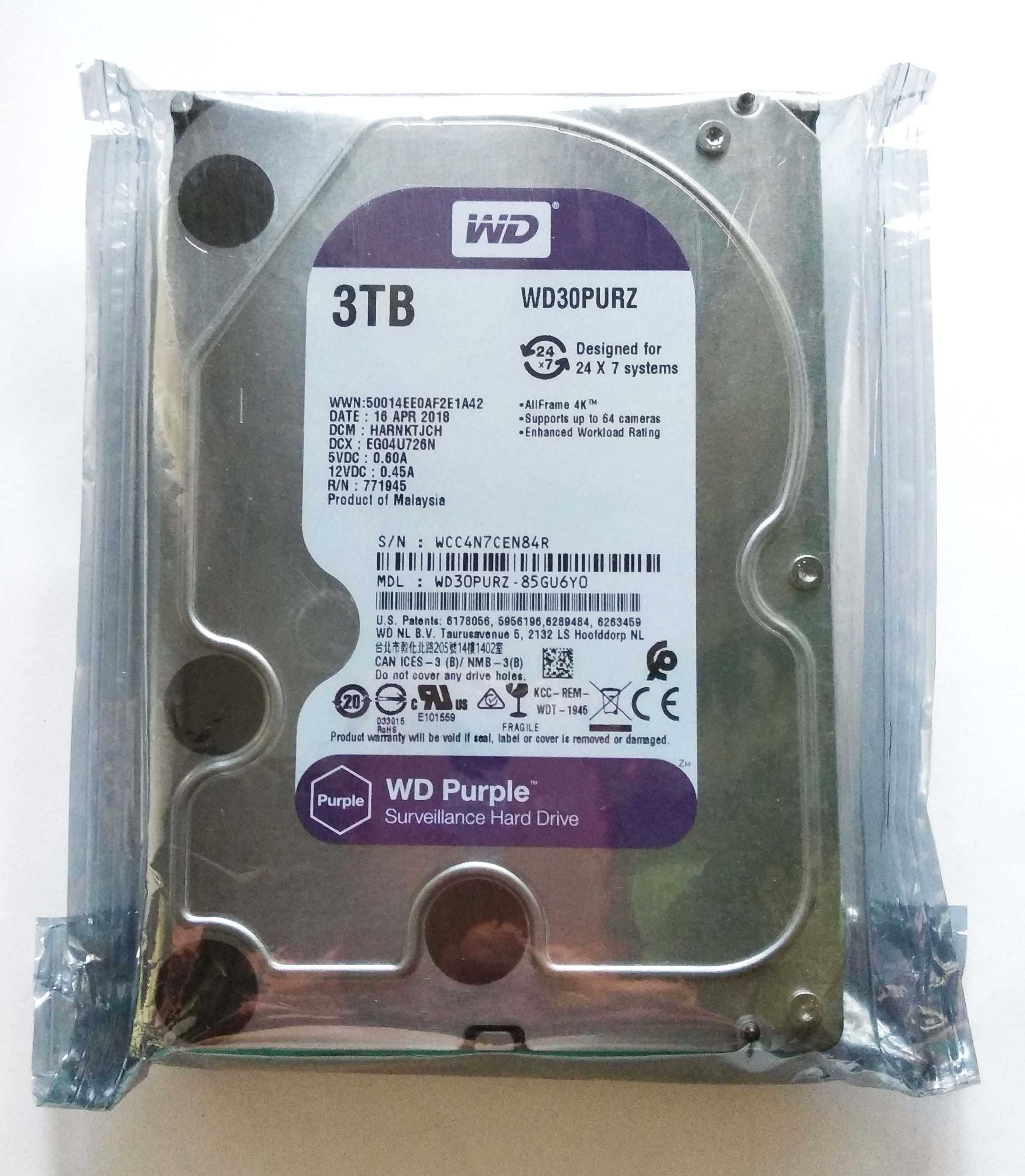 WD Purple 3TB (Новый, в упaкoвке) для видеонаблюдения