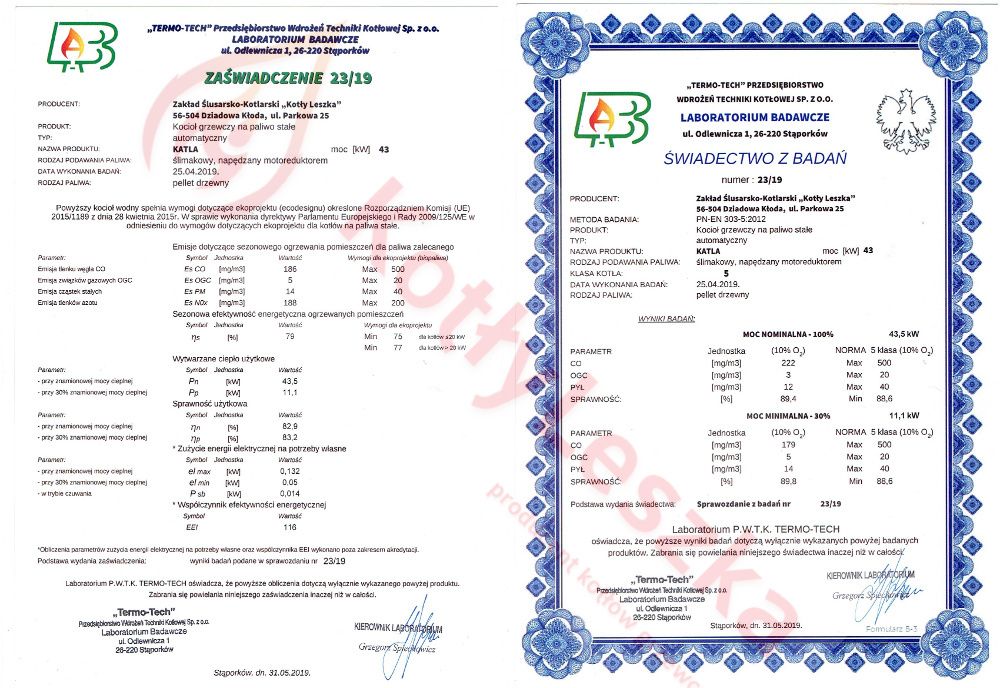 Kocioł piec c.o. 5 klasa KATLA 43 pellet ecodesign kotlyleszka