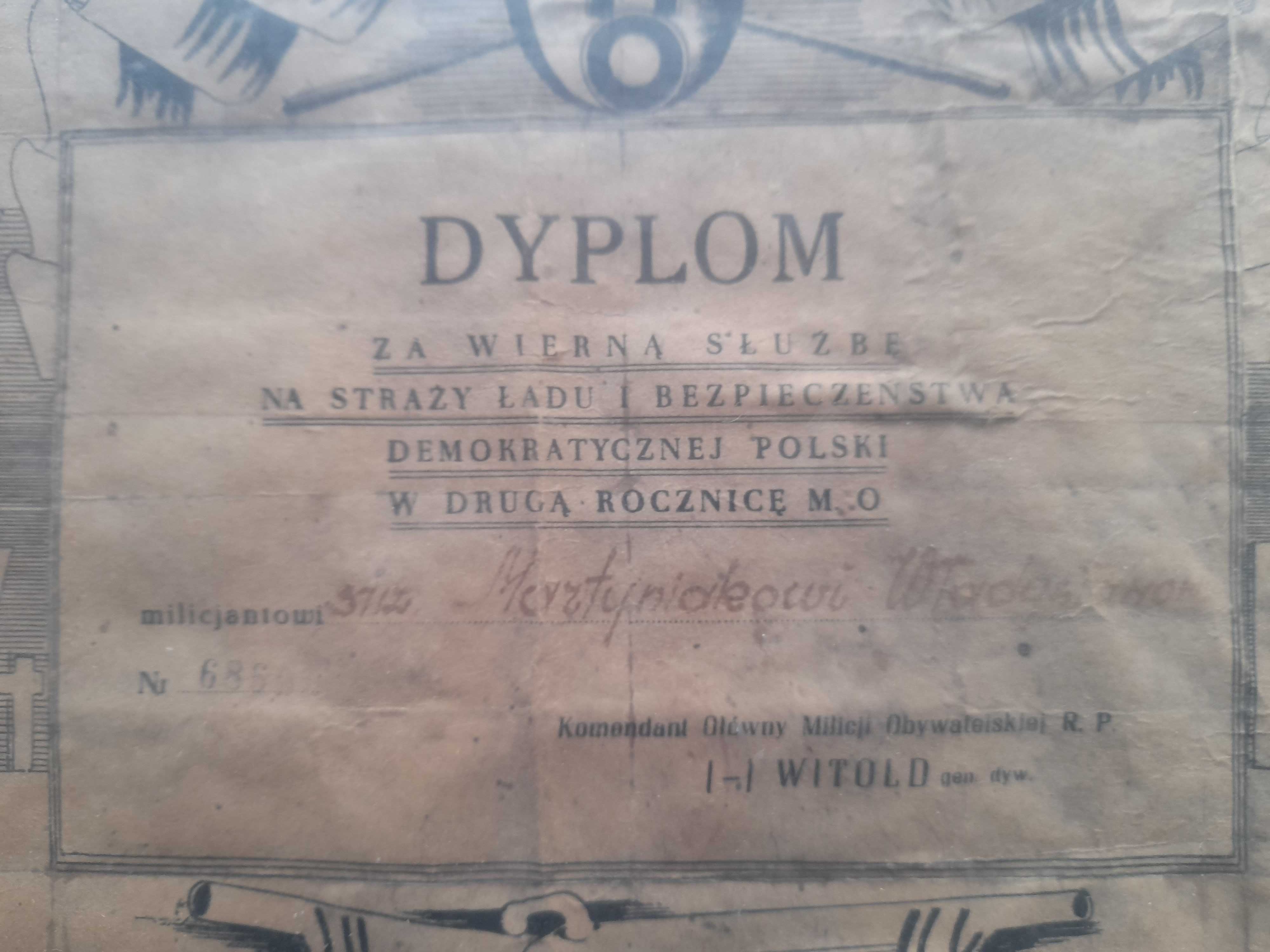 Mo milicja 1946 dyplom KGMO RP zamiast PRL ps. Witold. Oryginalny