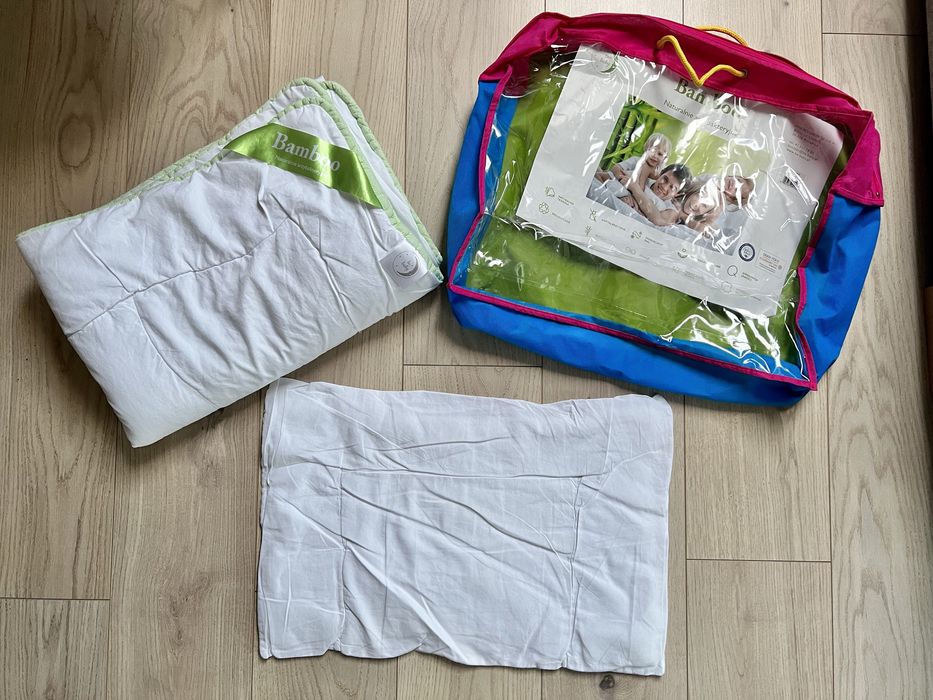 Komplet bambusowy kołdra 100x35 + poduszka 40x60, stan idealny