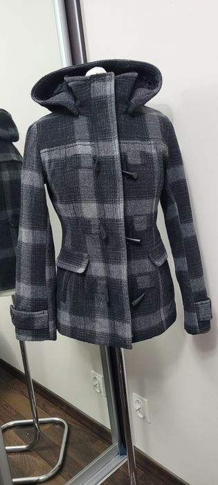 Kurtka krótki płaszcz w szara kratkę z kapturem H&M roz M