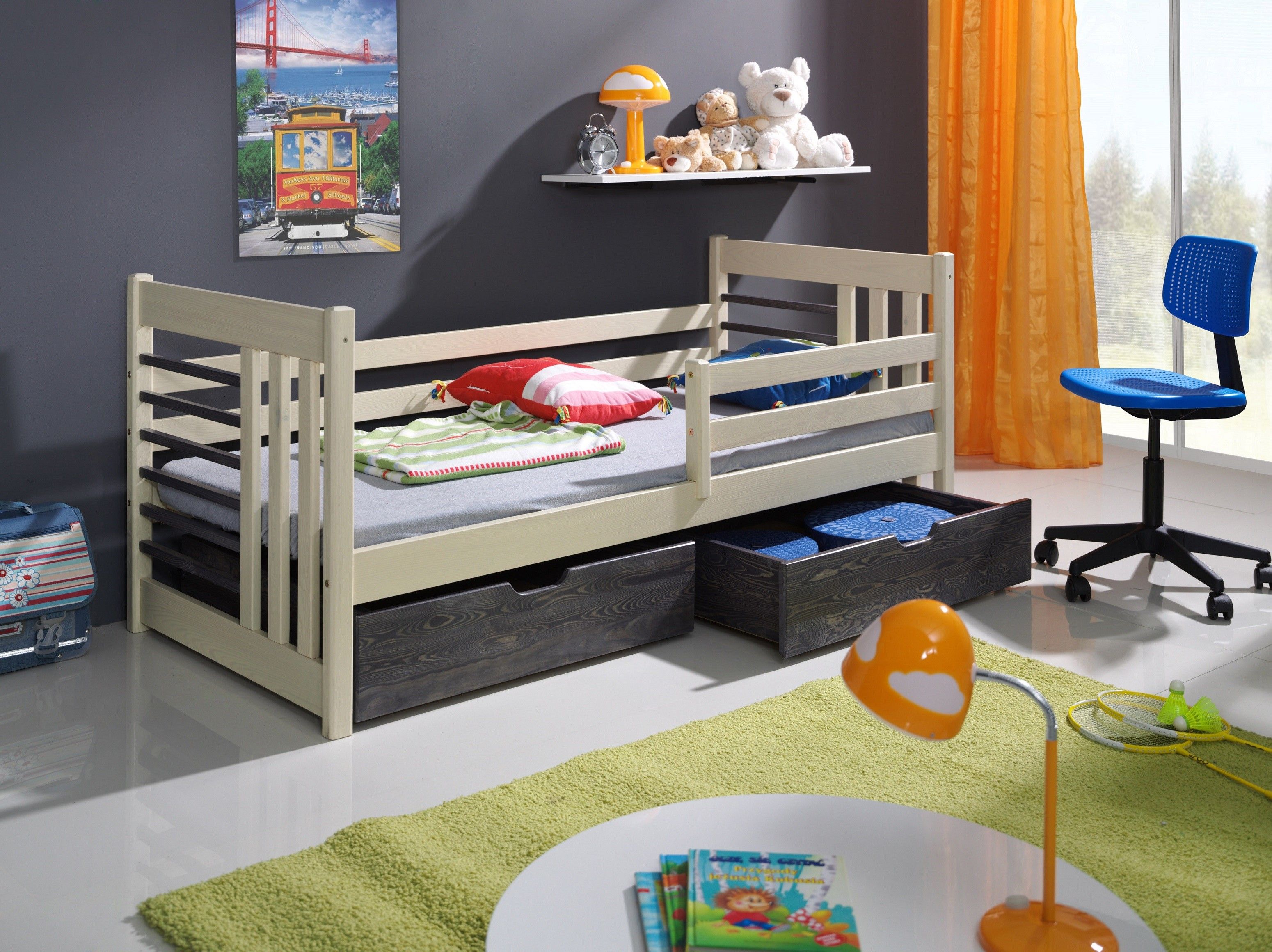 Łóżko dziecięce OTYLIA 90x200 MEBLOBED sosnowe 2x szuflady+barierka