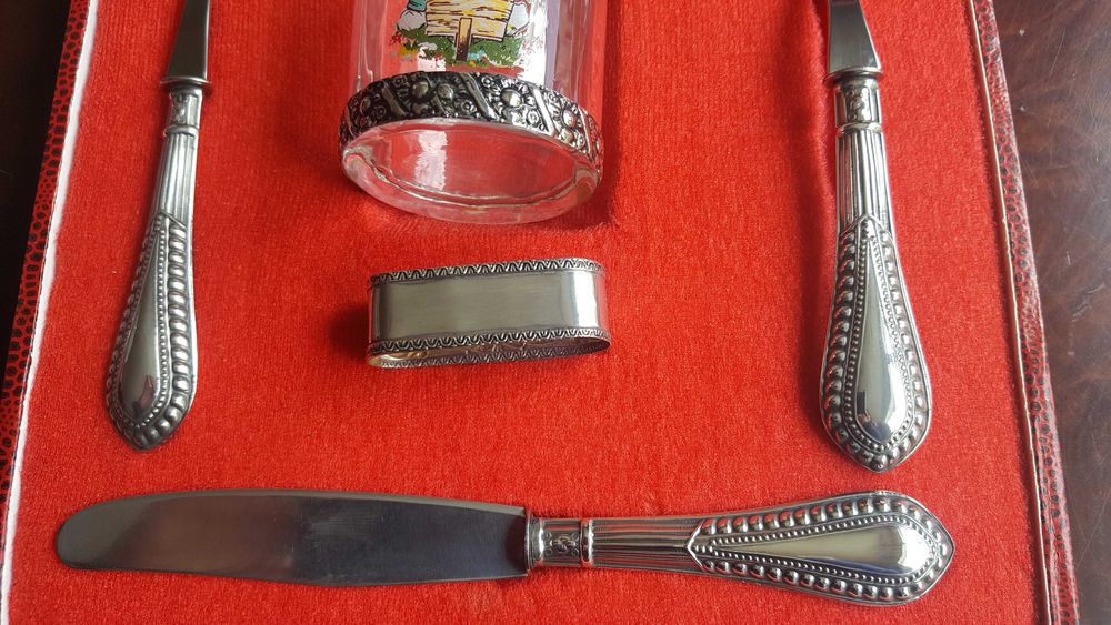 Estojo completo talher, copo e argola criança cabo em prata