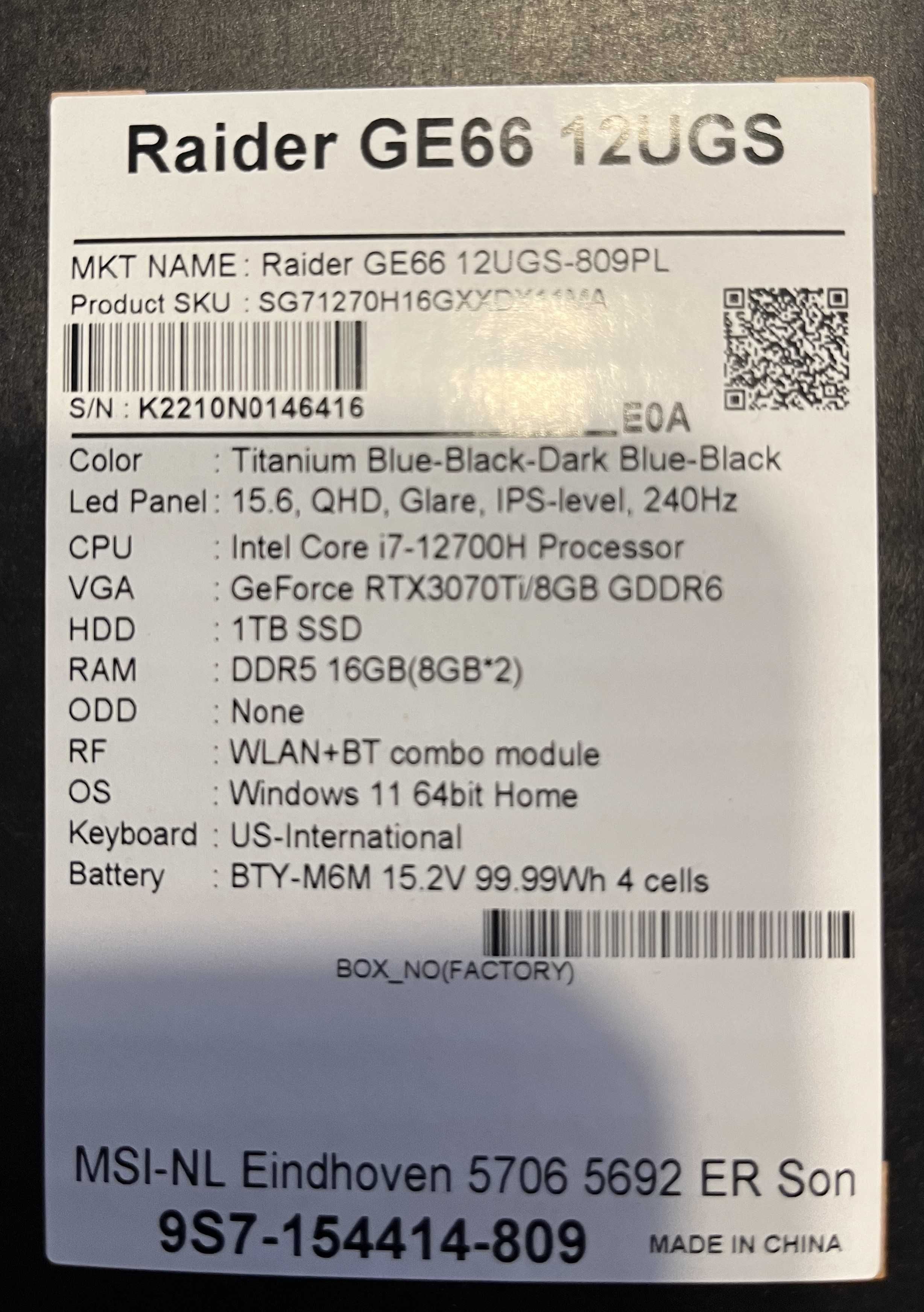 MSI Raider GE66 12UGS i7-12700H/16GB/1TB/RTX3070Ti/W11 OLED WARSZAWA