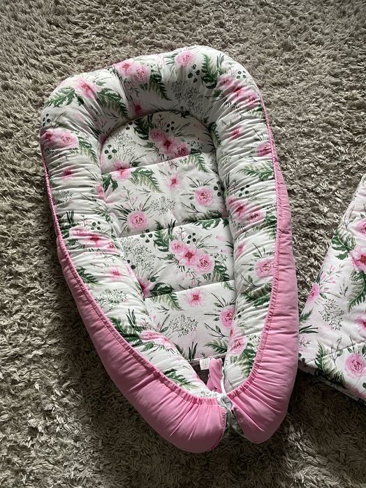 Komplet 3w1 kokon niemowlęcy rożek różowy Minky&Bawełna Kwiaty Babymam