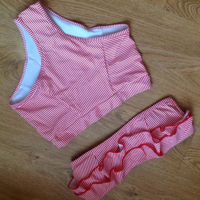 Купальник бандо с рюшами высокая талией красный плавки полоска воланы