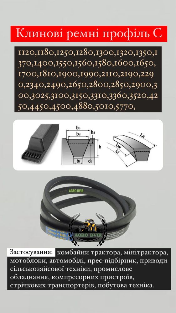 Клинові ремні (клиновий ремінь) Ремні для сільгосптехніки.