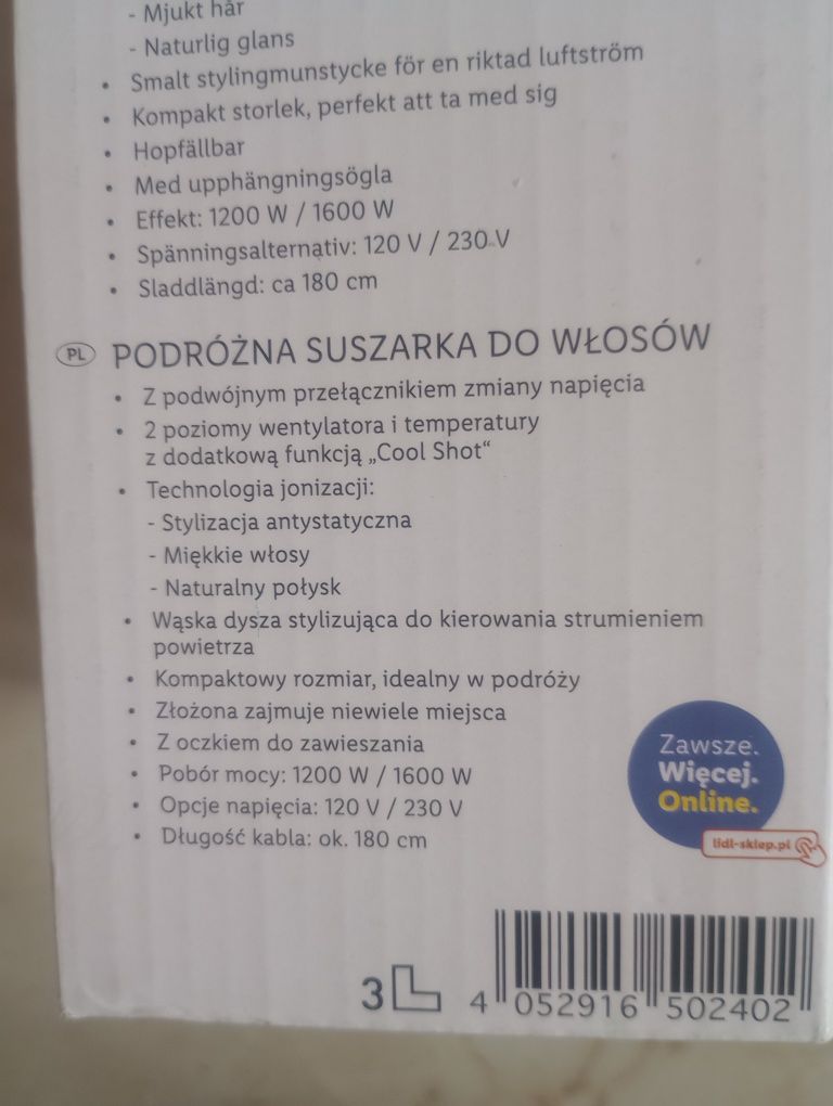 Podróżna suszarka do włosów z funkcją cool shot