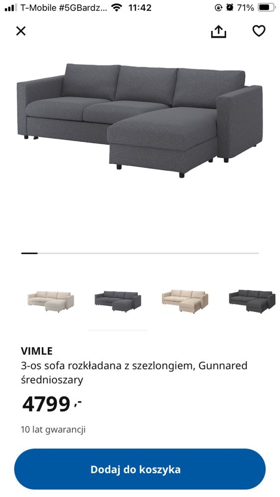 Sofa Ikea Vimle z szezlagiem+skrzynia na posciel+ dod materac jak nowa