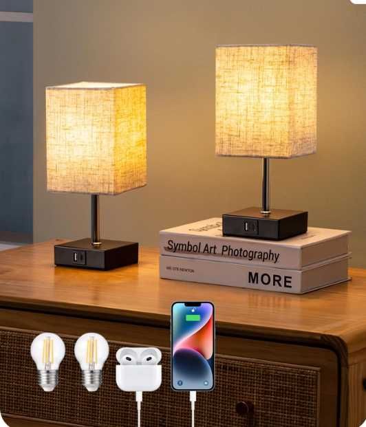 EDISHINE – 2 lampki nocne dotykowe z USB A + C, beżowy abażur
