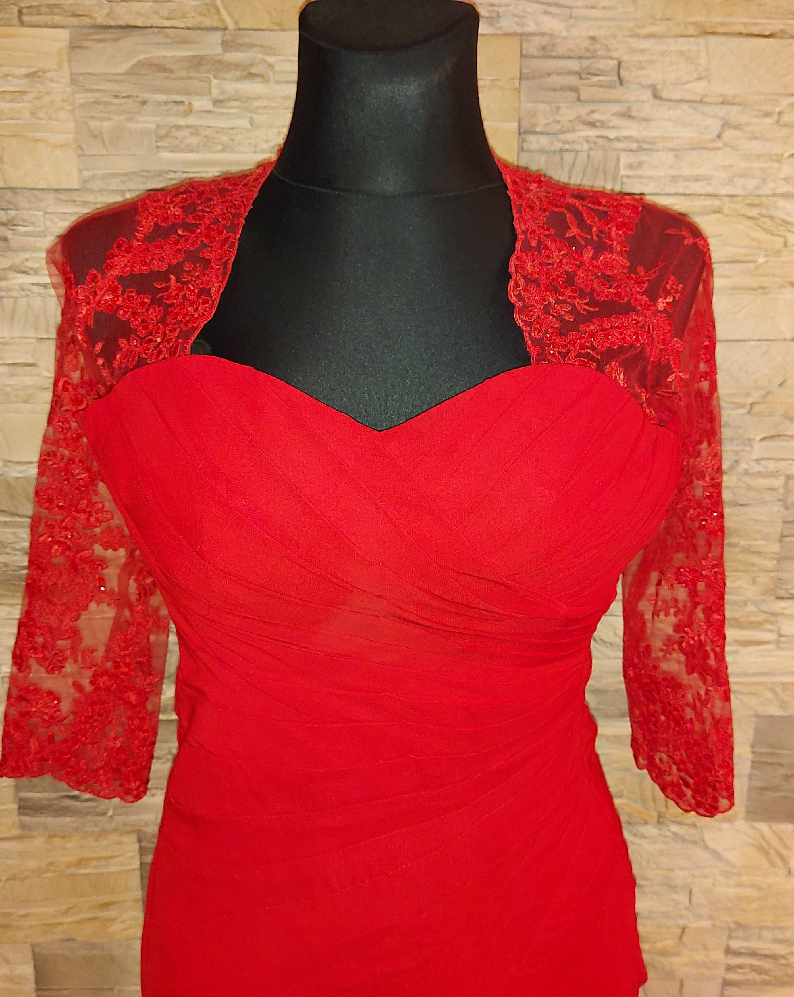 Sukienka czerwona z koronkym bolerkiem