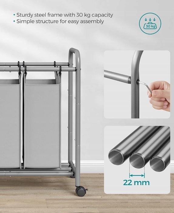 SONGMICS LSF003GS kosz na pranie z 3 przegródkami, z kółkami