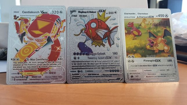 Srebrne metaliczne karty pokemon bulbasaur pikachu charizard 5 sztuk