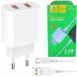 Ładowarka Sieciowa 2Xusb 2.4A + Kabel Usb-C Typ C