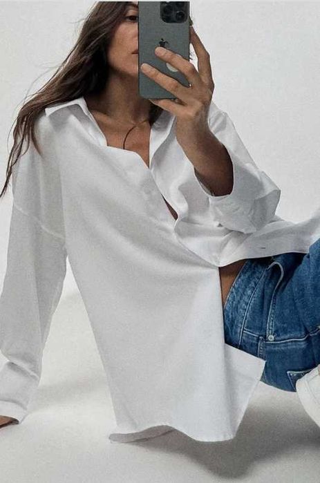 Белая базовая свободная хлопковая рубашка Zara