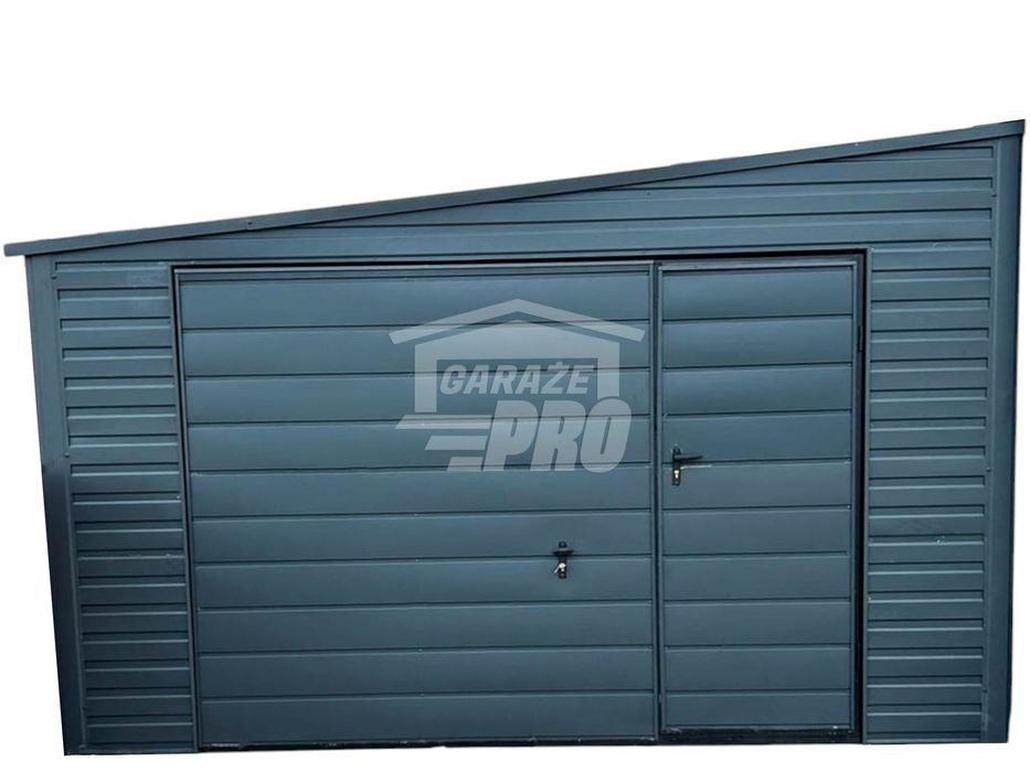 Garaż Blaszany 4x6 - Brama uchylna - Drzwi - Antracyt - dach GP252