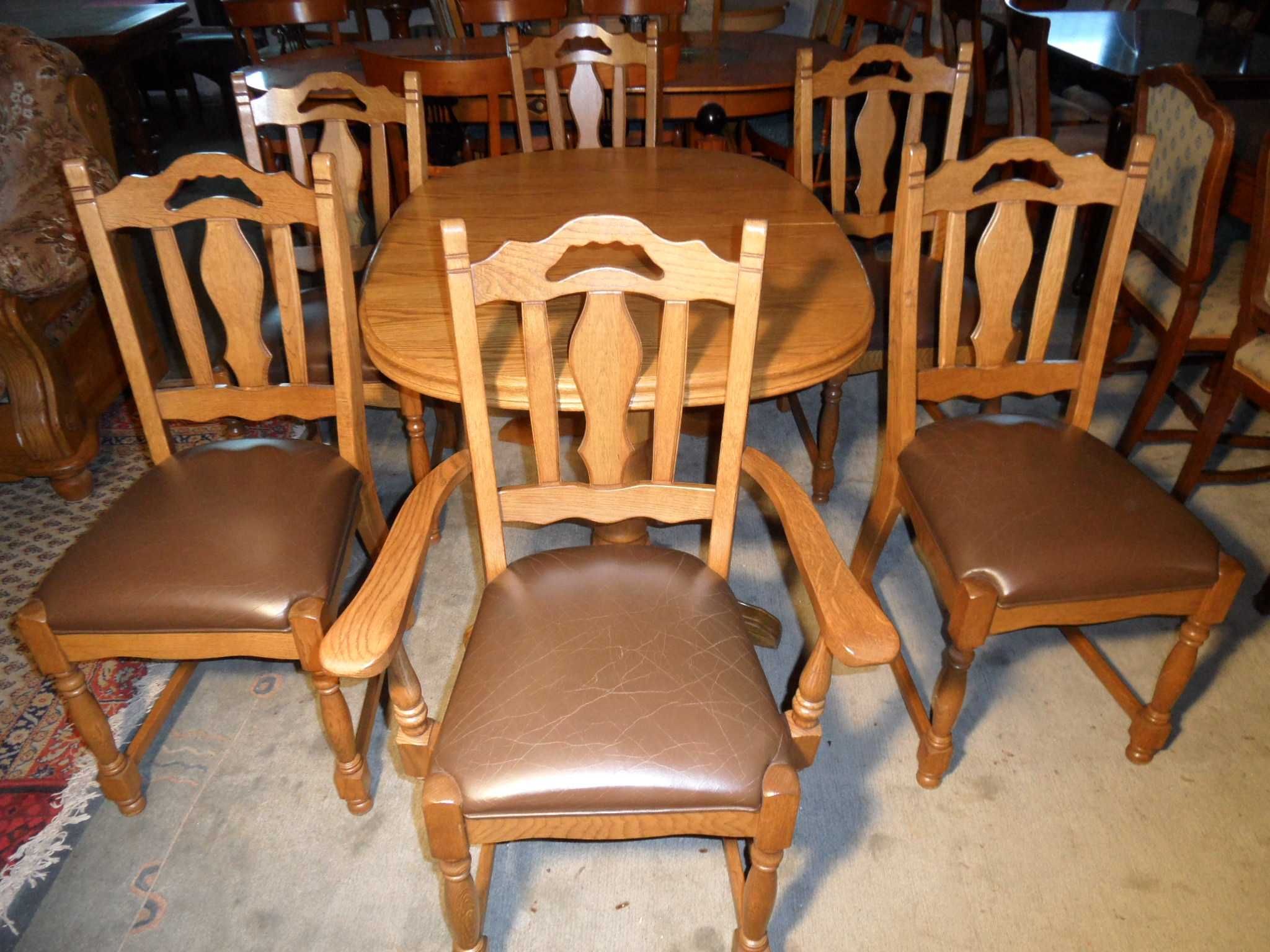 Stół Dębowy Rozkładany 6 Krzeseł Skóra Brąz z Niemiec