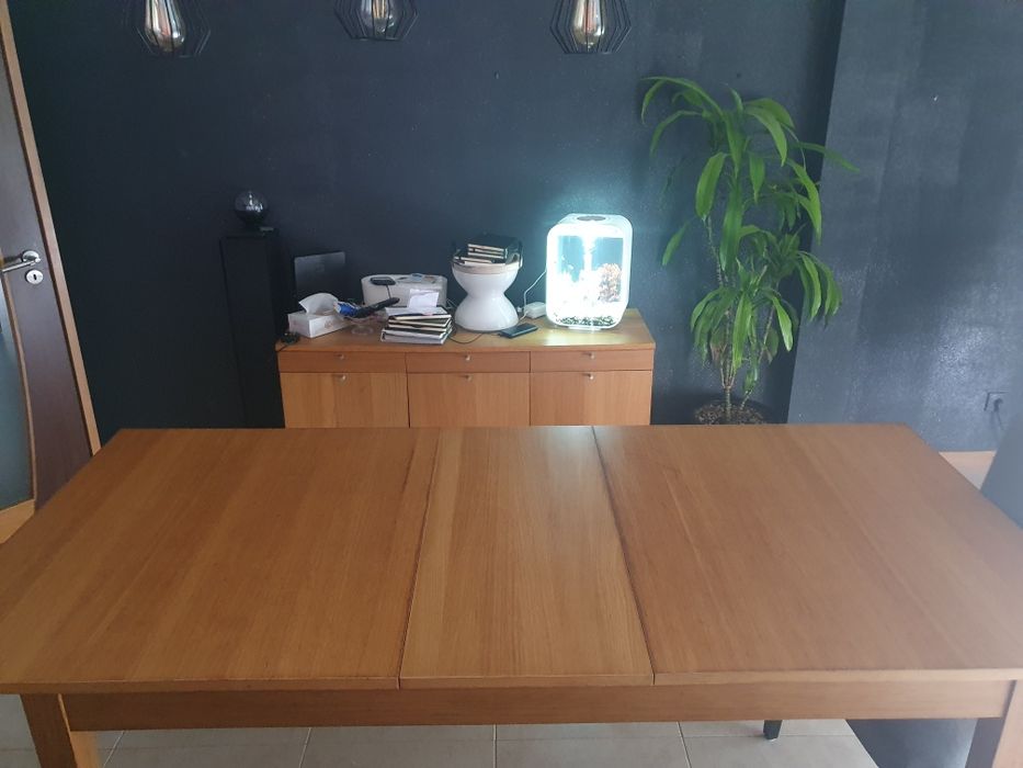 Mesa extensível com 10 cadeiras mais aparador.