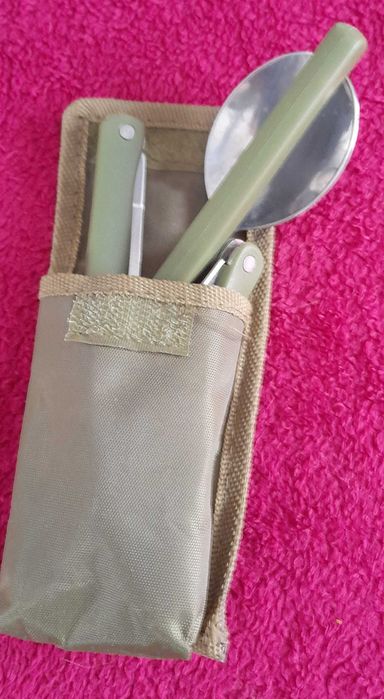 Niezbędnik łyżka widelec nóż rozkładane w etui camo khaki sztućce