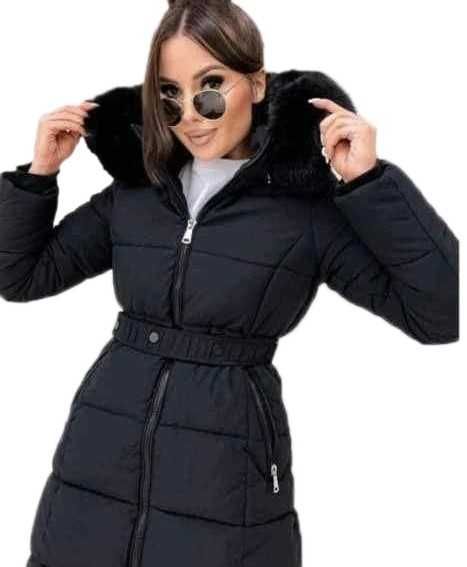 Pikowany puchowy zimowy płaszcz kurtka CAMEL jenot pasek futro XL