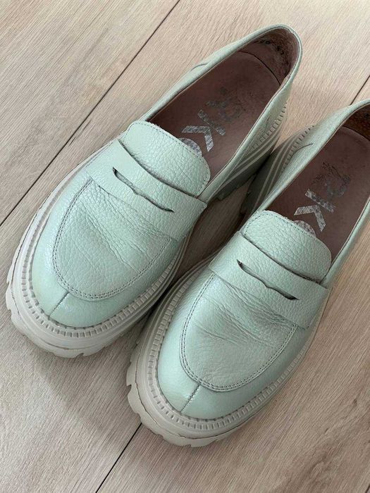 Miętowe mokasyny RYŁKO na grubej podeszwie ze skóry rozmiar 37