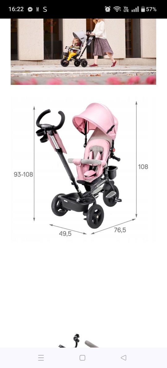 Kinderkraft Rowerek Trójkołowy AVEO Pink przodem/tyłem do rodzica
Kind