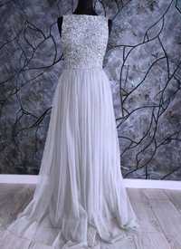 Długa tiulowa suknia wizytowa rozmiar xxl 44 weselna sukienka cekiny