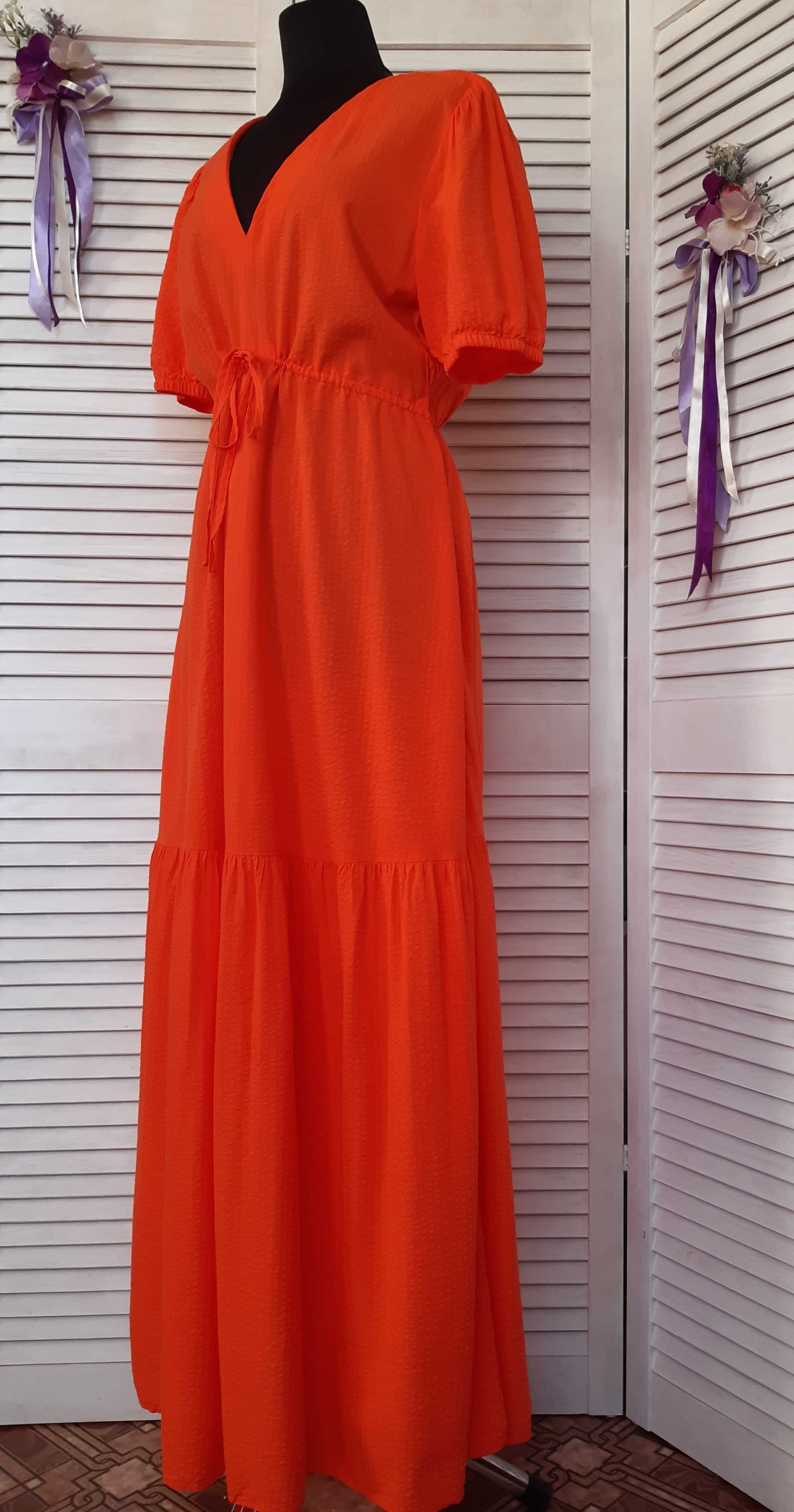 Платье миди, сарафан в текстурную полоску тыквенного оттенка mango