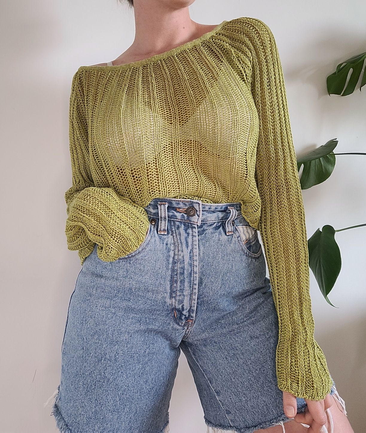 Zielony lniany sweter oversize 100% len vintage